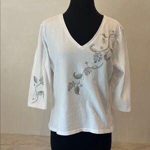 Christine Alexander White Crystal Rhinestone Top L/XL ¾ Sleeve Cotton Tee.